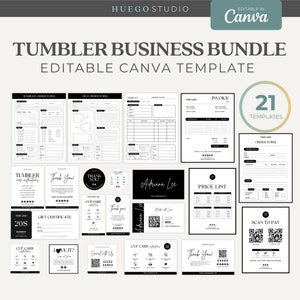 Editable Tumbler Business Template Bundle Invoice Order Form Cup Care Instruction Card Scan to Pay Price List Warning Card Packaging Insert