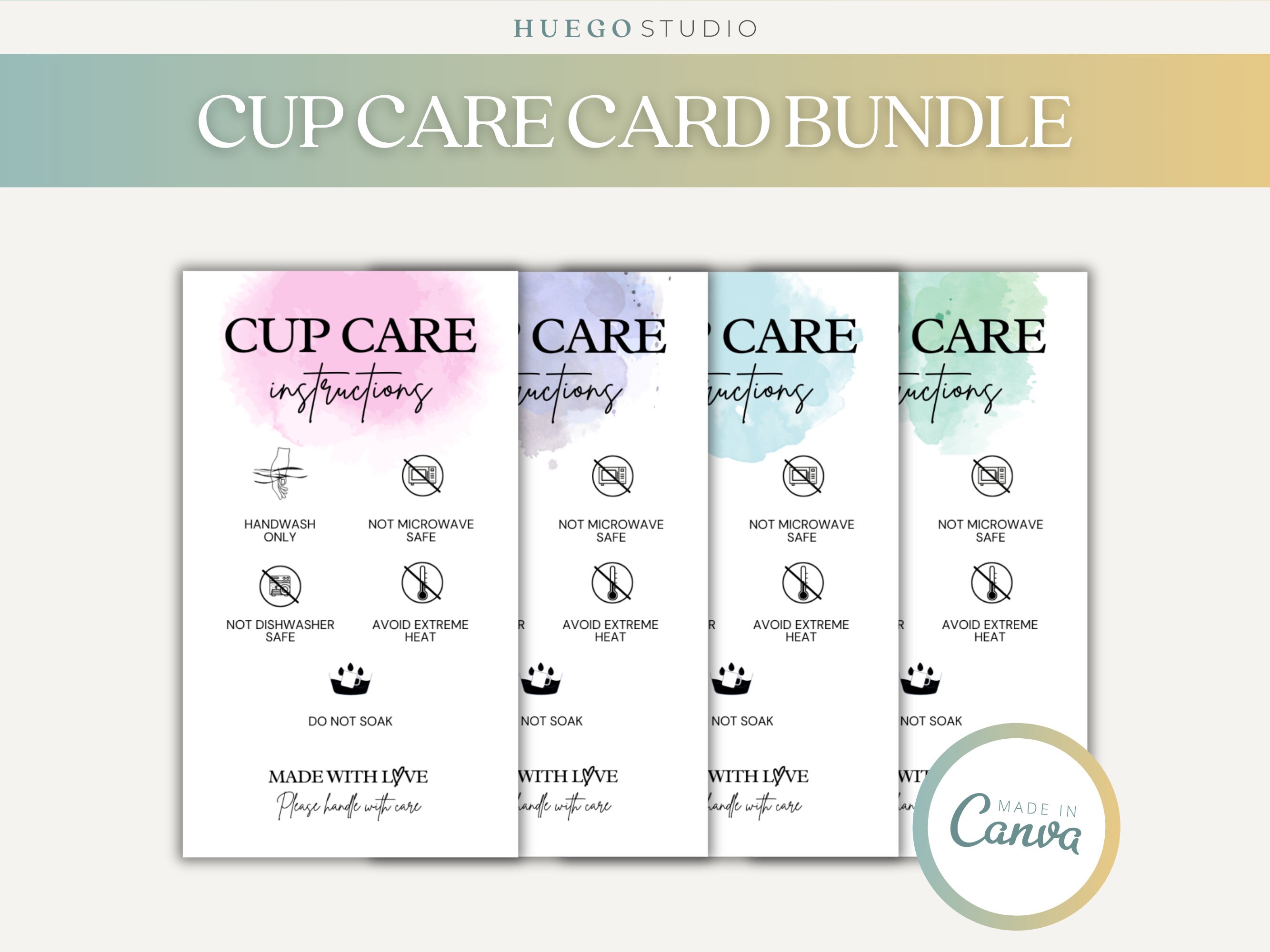 Printable Tumbler Cup Care Instructions Card Guide Template Bundle ...