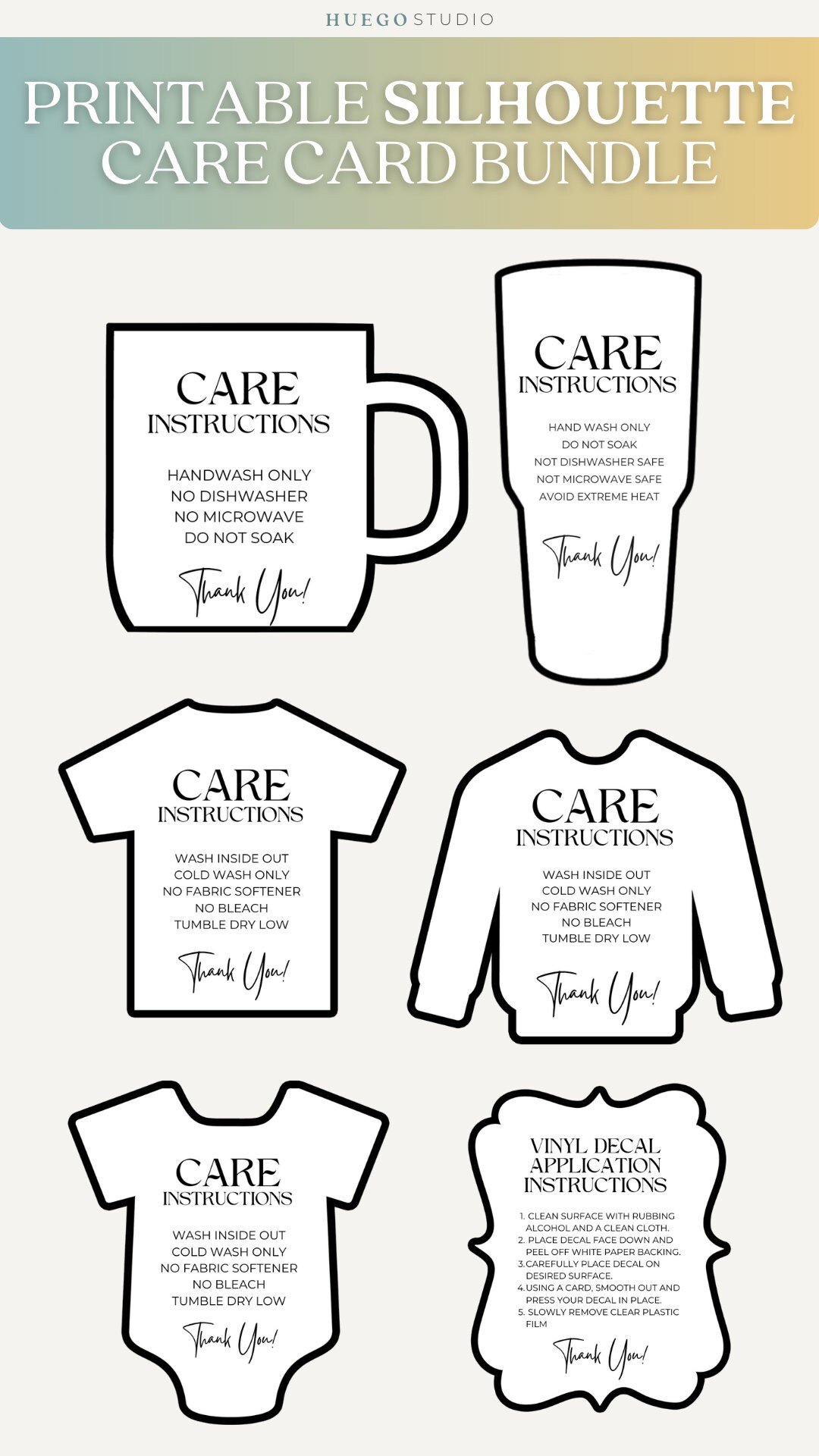 Printable Care Card Bundle Washing Instructions Vinyl Decal Shirt ...