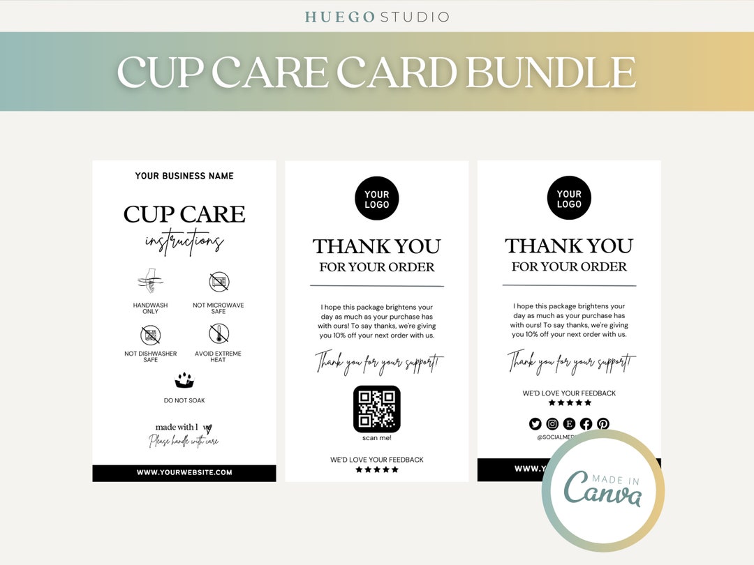 Editable Tumbler Cup Care Instructions Card Guide Template Bundle ...