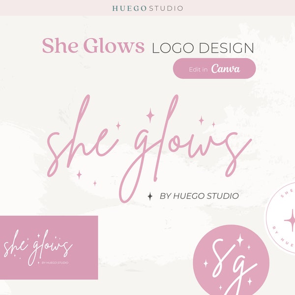 She Glows Minimalist Feminine Logo Design| Apparel, Beauty, or Jewelry Brands| Editable Template Included| Digital Download