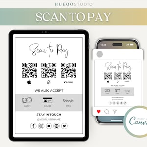 Bewerkbare DIY Scan to Pay Card Sign Bewerkbare Canva-sjabloon QR Code Sign-sjabloon CashApp Paypal Sign Small Business Venmo Payment Printable