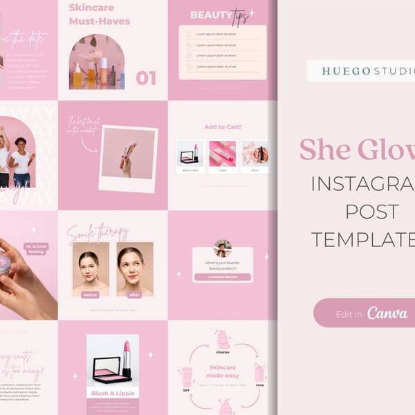 She Glows Instagram Post Template| IG Post template for Clothing, Cosmetics, Beauty| Editable Canva Templates| Digital Download