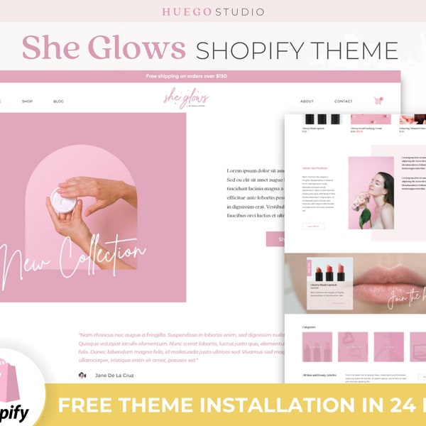 pink girly shopify template fun shopify boutique minimalist theme simple cute pastel shopify theme beauty makeup shopify theme cosmetic