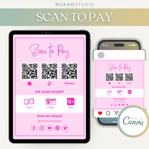Edytowalny DIY Skanuj, aby zapłacić kartą Znak Edytowalny szablon Canva Kod QR Znak Szablon CashApp Paypal Mała firma Venmo Płatność Do Wydruku