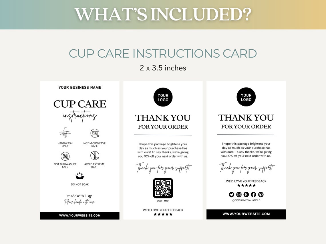 Editable Tumbler Cup Care Instructions Card Guide Template Bundle ...