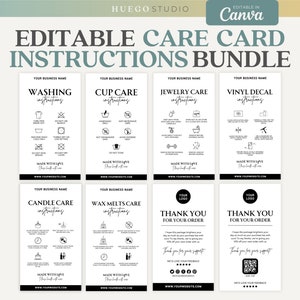 Editable Printable Care Card Bundle Washing Instructions Vinyl Decal Shirt Tumbler Cup Care Thank You Card Canva Template Packaging Insert