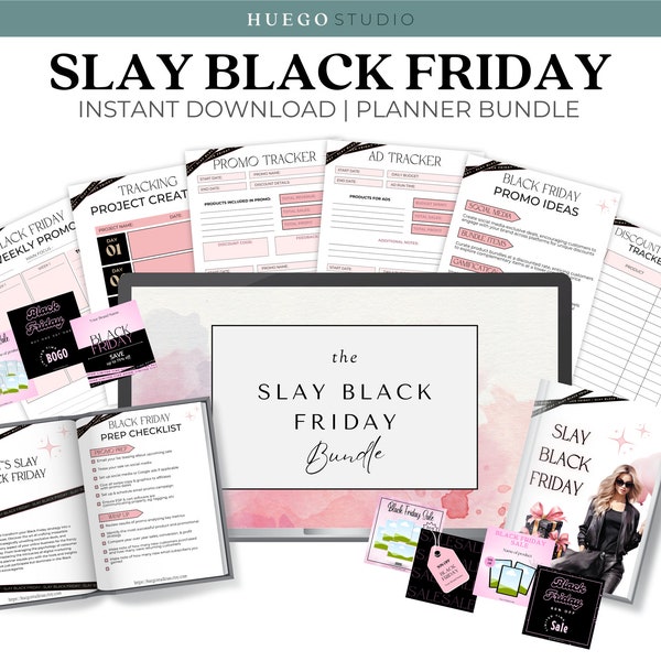 Black Friday Printable Planner Editable Social Media Template Bundle Black Gold Pink Clipart PNG Small Business Template Minimalist Planner