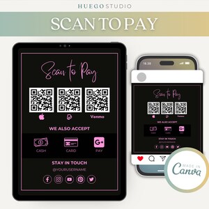 Bewerkbare DIY Scan to Pay Card Sign Bewerkbare Canva-sjabloon QR Code Sign-sjabloon CashApp Paypal Sign Small Business Venmo Payment Printable