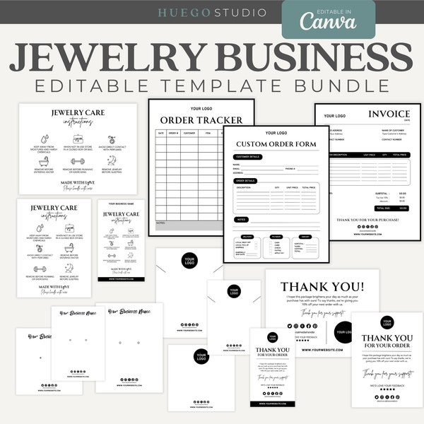Minimalist Jewellery Business Template Kit Bundle Editable Earring Card Jewelry Care Instruction Necklace Display Thank You Card Packaging