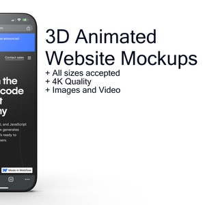 Può includere: Uno smartphone mostra un mockup di sito web con il testo "3D Animated Website Mockups". Lo schermo del telefono mostra un'interfaccia del sito web con le parole "Build with the power of code - without writing any."