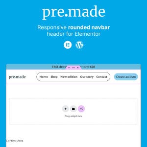 Może przedstawiać: Zrzut ekranu strony internetowej pokazujący gotowy szablon strony internetowej dla Elementor. Szablon zawiera zaokrąglony pasek nawigacyjny z linkami do strony głównej, sklepu, nowej edycji, naszej historii, kontaktu i utworzenia konta. Tekst "Darmowa dostawa powyżej 30 €" jest wyświetlany w różowym polu.