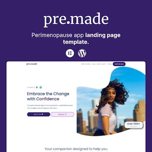 Könnte beinhalten: Eine Website-Landingpage für eine Perimenopause-App. Die Seite zeigt eine Frau mit langen Haaren, die lächelt, und eine Skyline der Stadt im Hintergrund. Der Text auf der Seite lautet "Embrace the Change with Confidence" und "Your personalized app to track symptoms, understand cycles, and navigate perimenopause with ease."