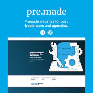 May include: A website design service for freelancers and agencies. The website features a blue and white illustration of a database, wrench, and gears. The text "Premade websites that do more than just convert." is displayed on the page.