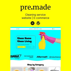 May include: Website homepage for a cleaning service company called "pre.made". The website features a bright blue and yellow color scheme and a large image of a hand holding a yellow spray bottle. The text "Clean Home Clean Living" is displayed in a large, bold font. The website also features a section for shopping by category, with images of cleaning products.