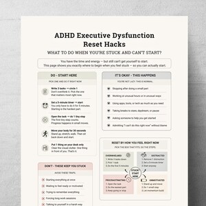 May include: A white informational print titled ADHD Executive Dysfunction Reset Hacks. It features sections on how to start tasks, common challenges, and strategies for feeling overwhelmed, distracted, procrastinating, or unmotivated.