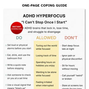 Guía de afrontamiento de hiperconcentración para el TDAH, una página: gestión de la concentración en tareas para adultos (PDF imprimible)