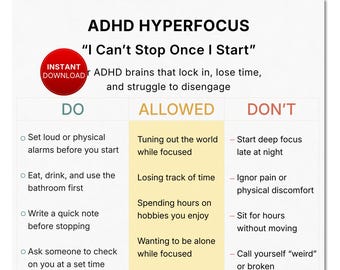 ADHD Hyperfocus One Page Coping Guide, Task Focus Management For Adults (Printable PDF)