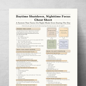 May include: A white cheat sheet titled "Daytime Shutdown, Nighttime Focus" with a system to improve productivity. The sheet includes sections on the loop, why shutdown, and how to get unstuck, with bullet points and diagrams.