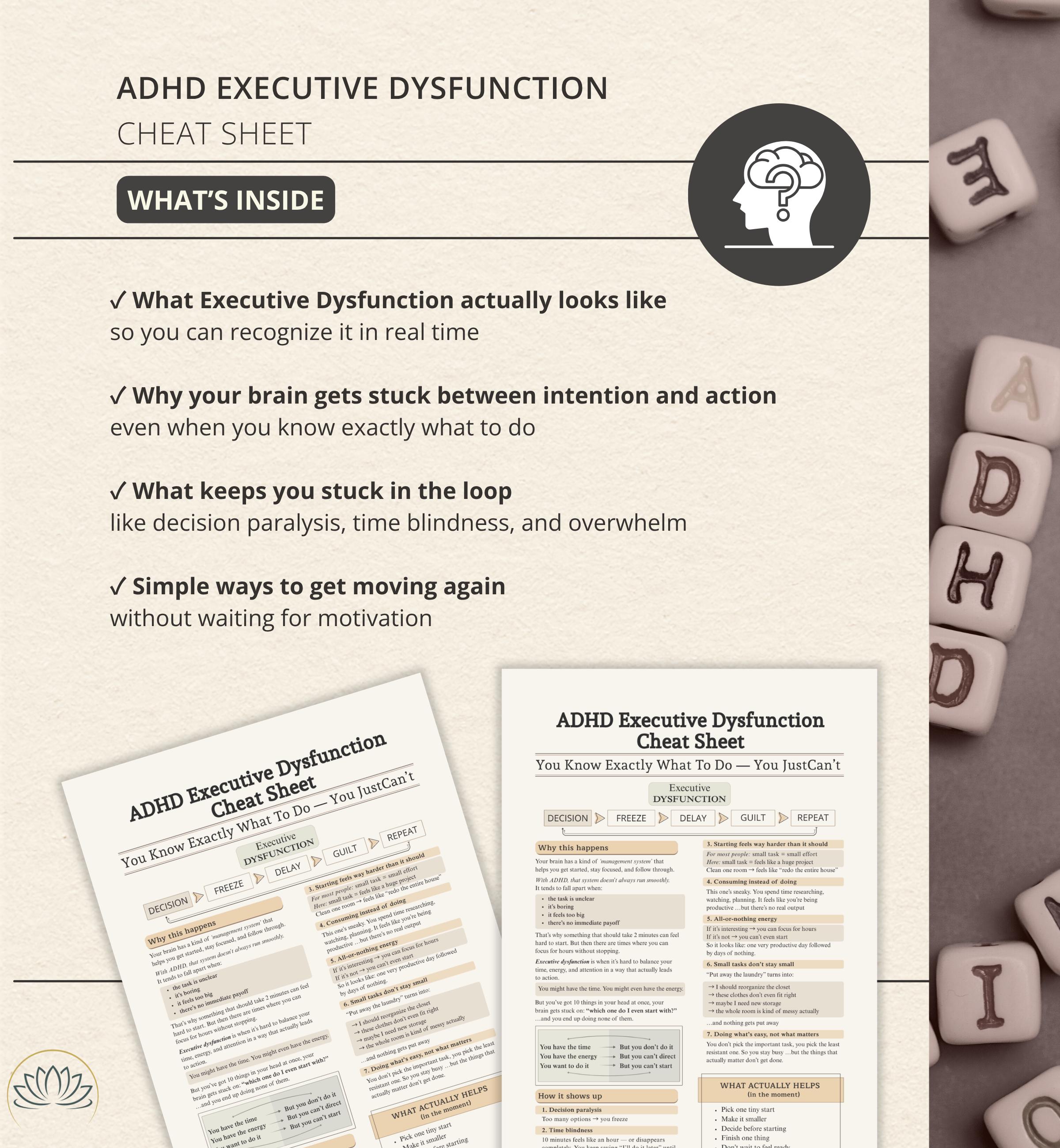 ADHD Executive Dysfunction Cheat Sheet, Task Initiation Stuck, ADHD ...