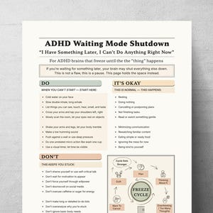 May include: A white informational poster titled ADHD Waiting Mode Shutdown with black text. It features sections labelled DO, IT'S OKAY, and DON'T, providing strategies for managing task paralysis. A circular diagram illustrates the Freeze Cycle process.