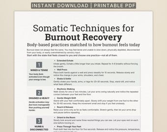 Planilhas para recuperação da síndrome de burnout, exercícios de terapia somática para regulação do sistema nervoso, exaustão emocional e recuperação do estresse (PDF para impressão)