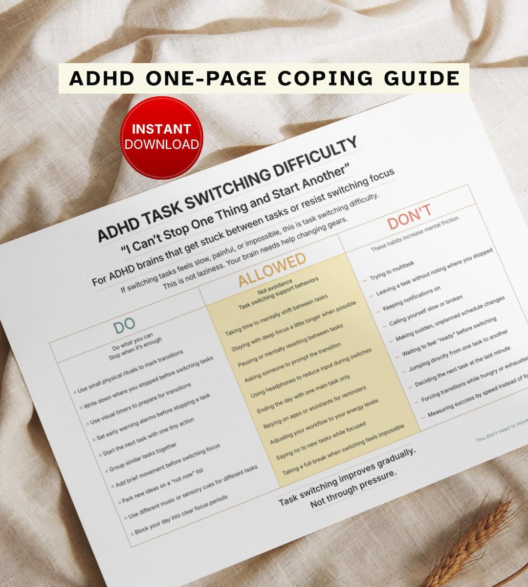 ADHD Task Management One Page Coping Guide, Task Switching, Initiation ...