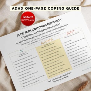 ADHD Task Management One Page Coping Guide, Task Switching, Initiation and Planning Crisis (Printable PDF)
