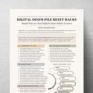 May include: A digital informational poster titled Digital Doom Pile Reset Hacks with subheadings for Notifications, Open Browser Tabs, Email, and Downloads. It includes a circular diagram labelled Digital Doom Pile Cycle and bulleted lists.
