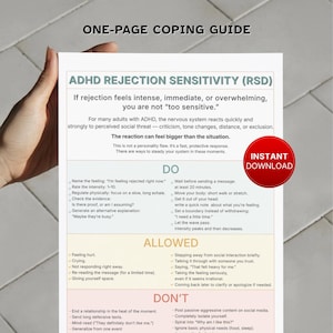 May include: A white one-page coping guide titled ADHD Rejection Sensitivity (RSD) featuring sections labeled Do, Allowed, and Don't. The document includes text about managing intense rejection feelings and a red circular instant download badge.