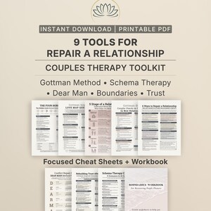 Puede incluir: Un kit de herramientas de terapia de pareja en PDF imprimible con 9 recursos para reparar una relación, incluyendo hojas de trucos y un libro de ejercicios. El texto incluye Gottman Method, Schema Therapy, Dear Man, Boundaries y Trust.