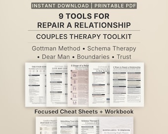 Couples Therapy Toolkit, 9 Tools to Repair a Relationship, Gottman Method Cheat Sheets, Schema Therapy, Boundaries Workbook
