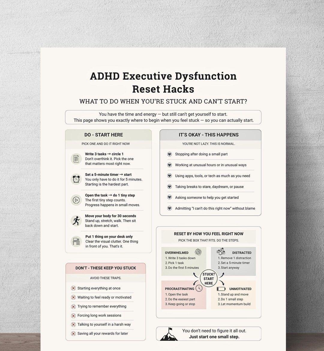 ADHD Executive Dysfunction Cheat Sheet, Task Initiation Help for Adults ...
