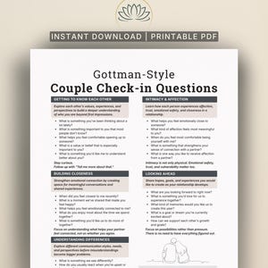 Puede incluir: Un documento PDF imprimible titulado Gottman-Style Couple Check-in Questions. La página presenta secciones para conocerse, construir cercanía, entender diferencias, intimidad y afecto, y mirar hacia el futuro con listas de puntos.