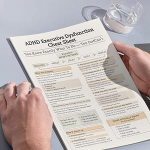 Może przedstawiać: Wydrukowana ściąga ADHD Executive Dysfunction Cheat Sheet na białym papierze z czarnym tekstem i beżowymi akcentami. Dokument przedstawia cykl decyzji, zamrożenia, op&oacute;źnienia i poczucia winy, wyjaśniając przyczyny trudności w wykonywaniu zadań.