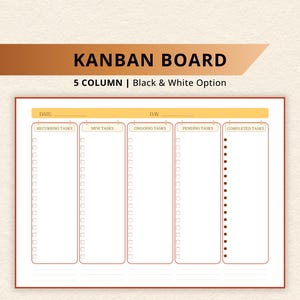 May include: A five-column Kanban board planner with a yellow header featuring the text DATE and DAY. The columns are labeled RECURRING TASKS, NEW TASKS, ONGOING TASKS, PENDING TASKS, and COMPLETED TASKS, each containing a vertical list of checkboxes.