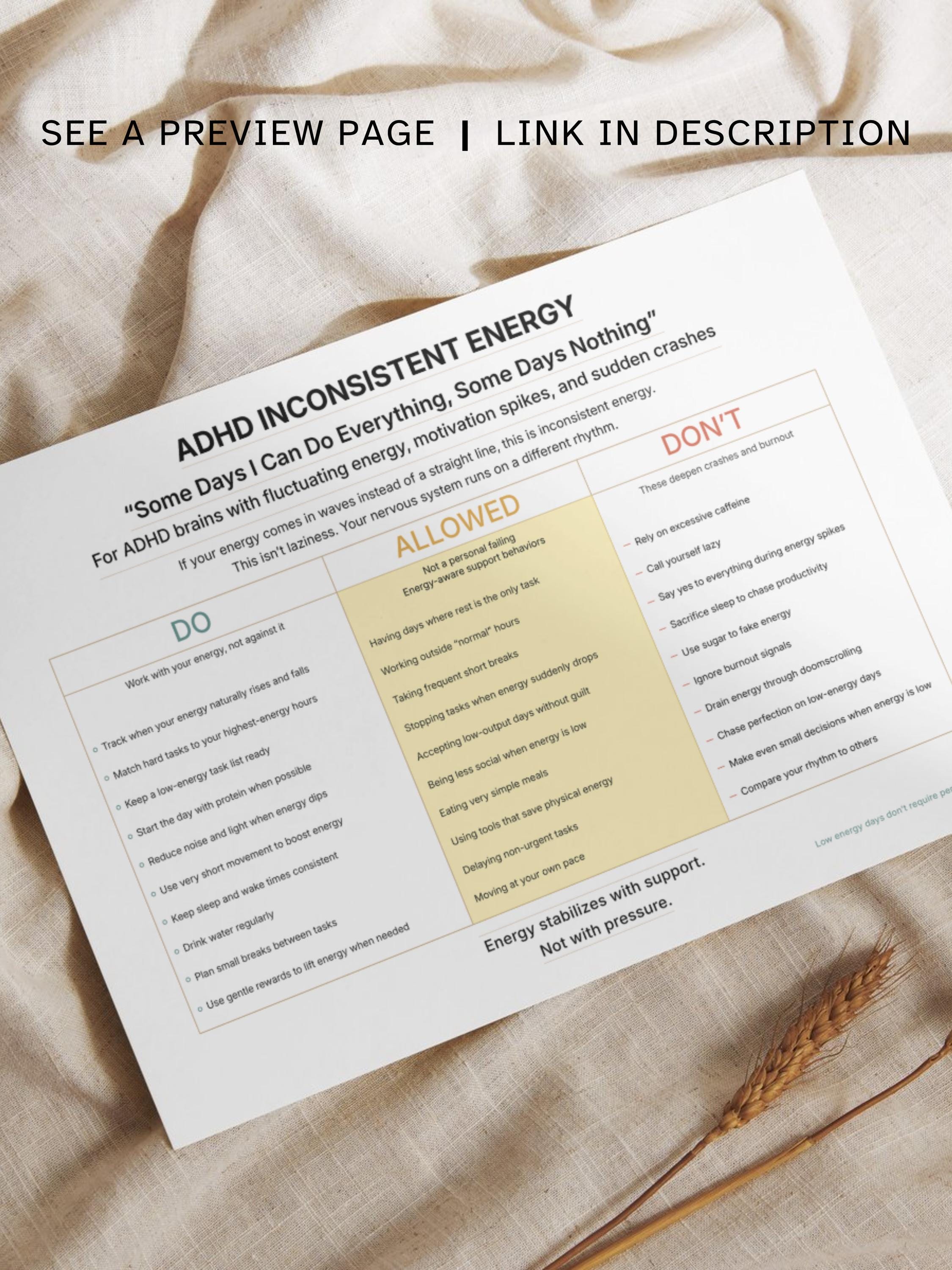 Inconsistent Energy ADHD Inconsistent Energy Coping Skills, Energy Crash One Page Printable ...