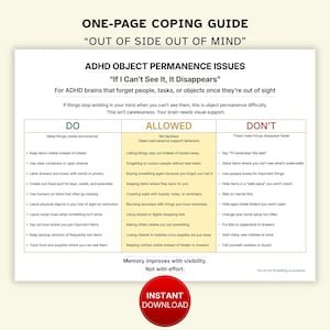 Guía de afrontamiento de una página para el TDAH "Ojos que no ven, corazón que no siente", Problemas de permanencia de los objetos (PDF imprimible)