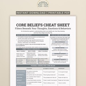May include: A printable PDF document titled Core Beliefs Cheat Sheet: Filters Beneath Your Thoughts, Emotions & Behaviors. The page includes sections defining core beliefs, how they form, three types of beliefs, and a table of possible underlying core beliefs with examples of situations, automatic thoughts, and the resulting core belief.