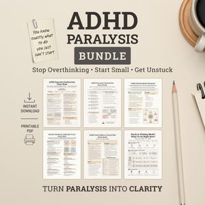Può includere: Un set di documenti digitali ADHD Paralysis Bundle composto da sei pagine stampabili con testo, grafici e liste di controllo. Le pagine includono titoli come ADHD Executive Dysfunction Cheat Sheet e Reset Hacks su uno sfondo chiaro.