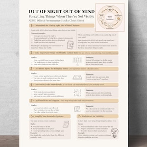 ADHD Forgetfulness Hacks Cheat Sheet, "Out of Sight Out of Mind" Printable PDF