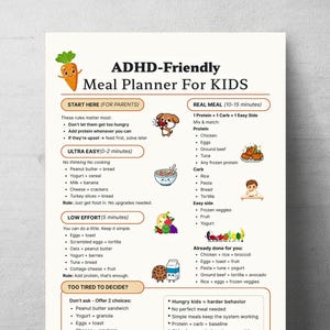 Op de afbeelding: Een geprinte ADHD-Friendly Meal Planner voor kinderen met een cartoonwortel, een hond, een kom ontbijtgranen, fruit en een koekje. De tekst bevat secties voor ouders en ideeën voor eenvoudige maaltijden met bijbehorende lijsten.