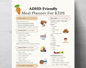 ADHD Kids Food List Printable, ADHD Kids Food Chart, ADHD-Friendly Kids Meal Planner