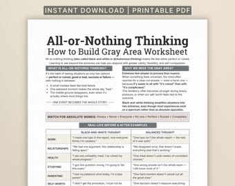 Folha de exercícios sobre pensamento "tudo ou nada", padrões de pensamento em preto e branco, material de apoio para terapia cognitivo-comportamental (TCC) de distorção cognitiva.