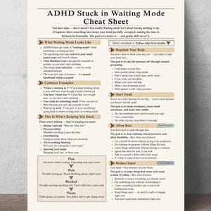Puede incluir: Una hoja de trucos blanca y beige sobre el TDAH con el título "ADHD Stuck in Waiting Mode". La hoja proporciona consejos sobre la gestión del TDAH, incluyendo la regulación del cuerpo, empezar poco a poco y permitir el descanso. El texto es negro.