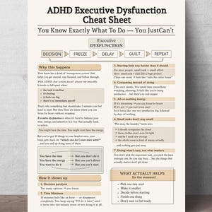 ADHD Executive Dysfunction Cheat Sheet, ADHD Productivity Printable PDF