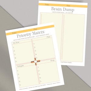 May include: Two white paper pads with a yellow header. One pad is labeled "Priority Matrix" with sections for "Do Now," "Plan," "Delegate," and "Drop." The other pad is labeled "Brain Dump." Both pads have a grid design.