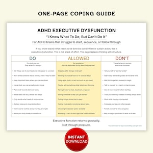 Hoja de referencia sobre disfunción ejecutiva en el TDAH, herramientas de función ejecutiva para adultos, PDF imprimible