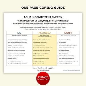 Guía imprimible de una página en PDF para afrontar la energía inconsistente y la caída de energía en el TDAH
