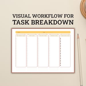 May include: A rectangular task planner sheet with the text VISUAL WORKFLOW FOR TASK BREAKDOWN at the top. It features five vertical columns labeled Recurring Tasks, New Tasks, Ongoing Tasks, Pending Tasks, and Completed Tasks with checkboxes.